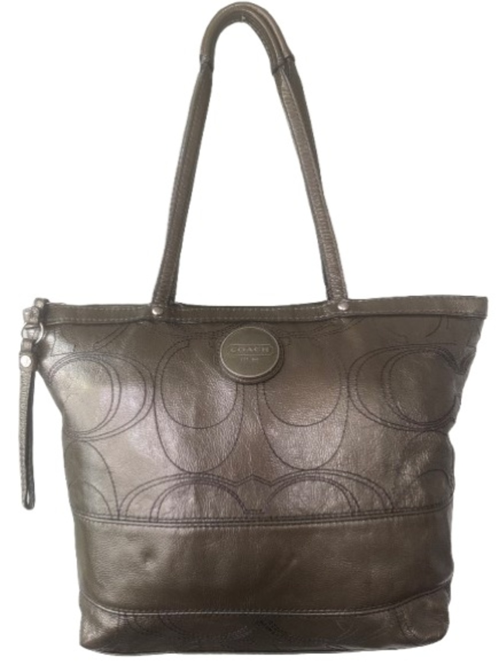 COACH Parker Metallic Leather Tote Olive Bronze Silver Hardware Blue Satin Bag - Picture 1 of 13